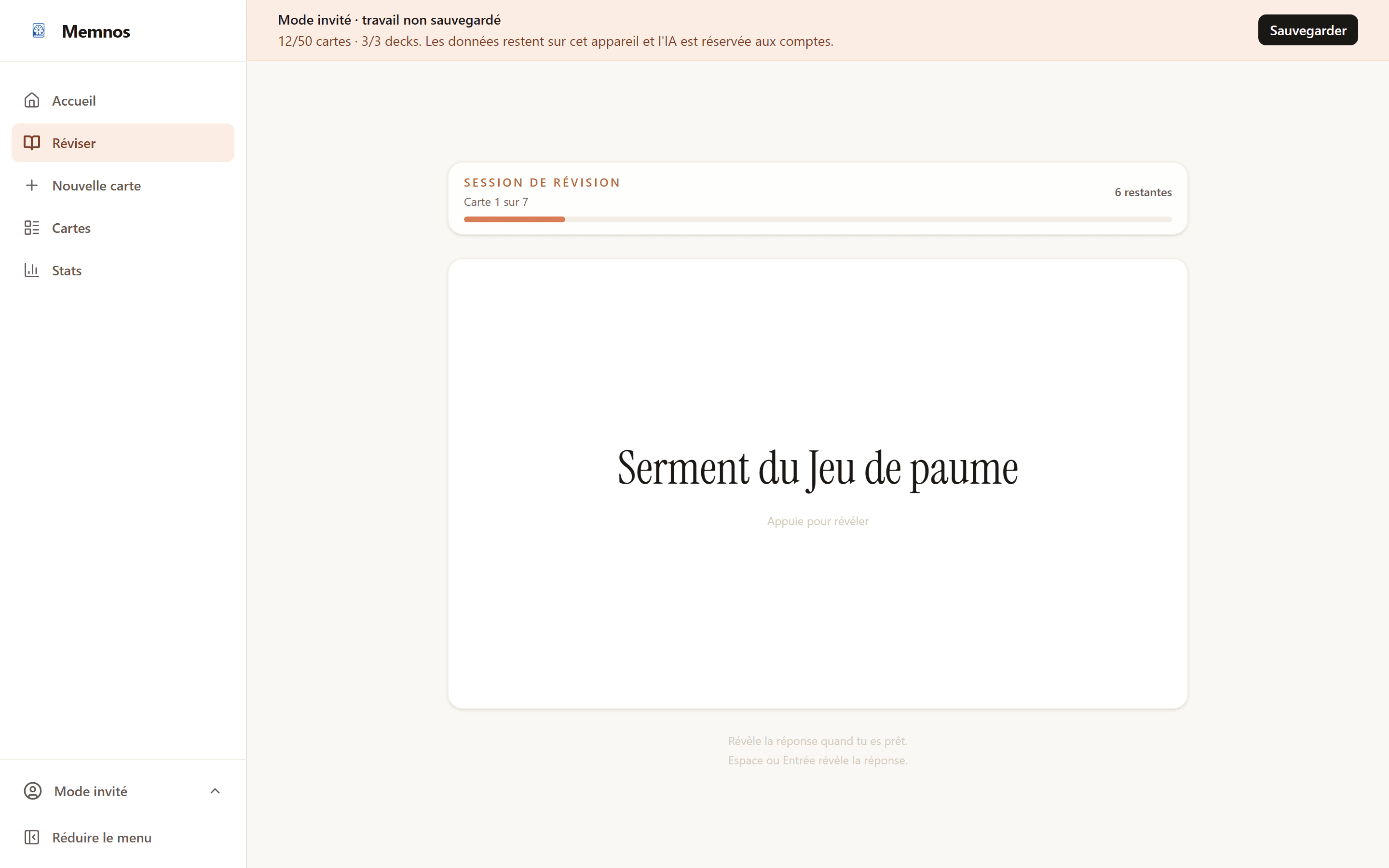 Session de révision Memnos : la question « Serment du Jeu de paume » affichée sur une carte, avec la progression de la session